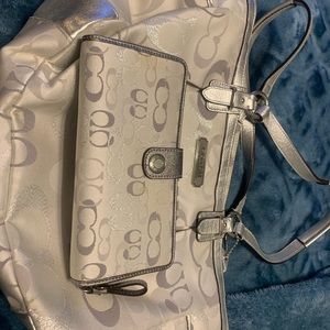 Used Silver and White Coach Bag w/ matching wallet